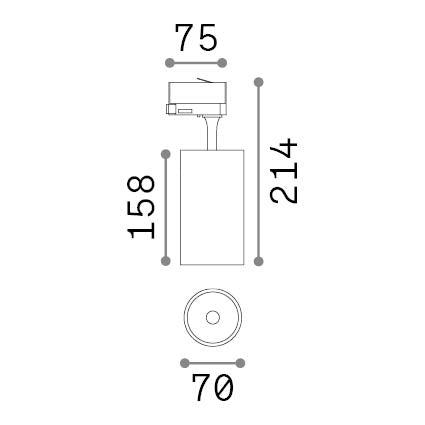 Spot pe șină trifazată Fox TR 25W CRI90 2700K On-Off, alb – desen tehnic cu dimensiuni
