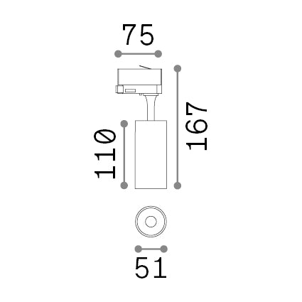 Spot pe șină trifazată Fox TR 8W CRI80 3000K On-Off, negru – desen tehnic cu dimensiuni