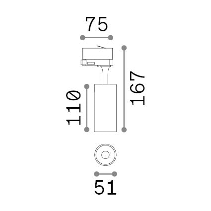 Spot pe șină trifazată Fox TR 8W CRI90 2700K On-Off, alb – desen tehnic cu dimensiuni