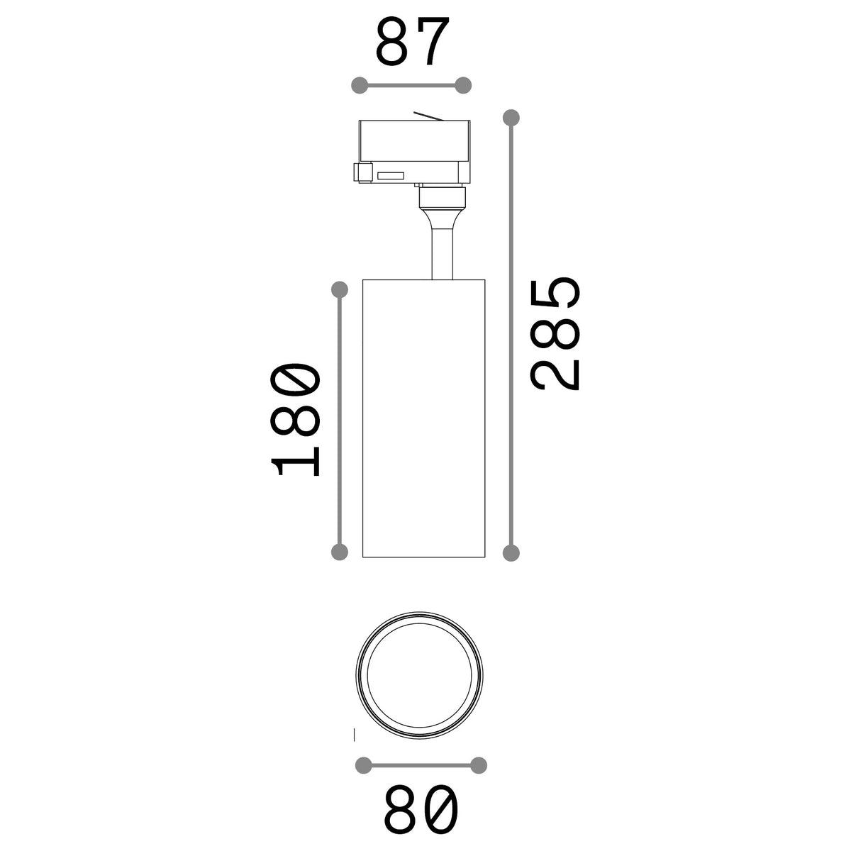 Spot pe șină trifazată Smile TR 20W CRI80 24° 4000K, alb – desen tehnic cu dimensiuni