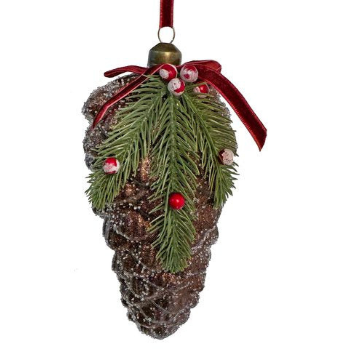 Con de sticlă cu zahăr brun, brad și fructe de pădure, cu fundă, 19 cm
