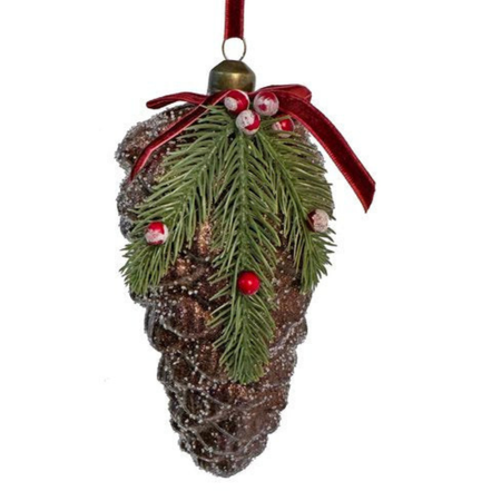 Con de sticlă cu zahăr brun, brad și fructe de pădure, cu fundă, 19 cm