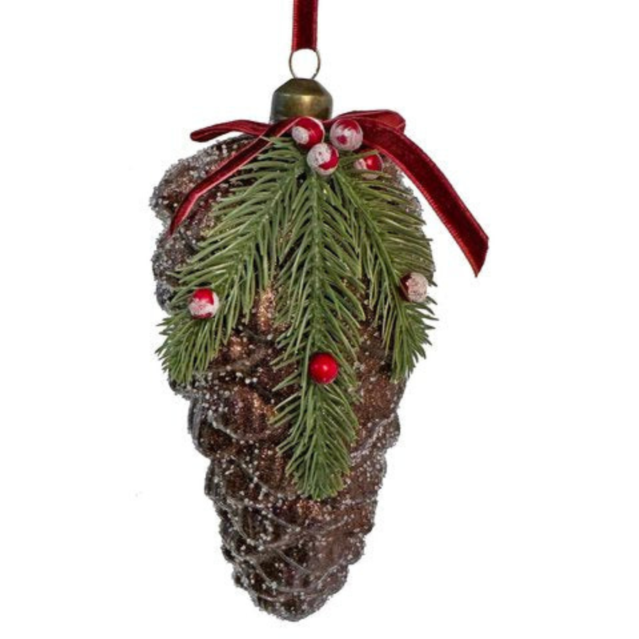 Con de sticlă cu zahăr brun, brad și fructe de pădure, cu fundă, 19 cm