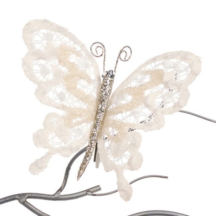 Fluture decorativ din dantela pe clemă 25cm crem/sampanie