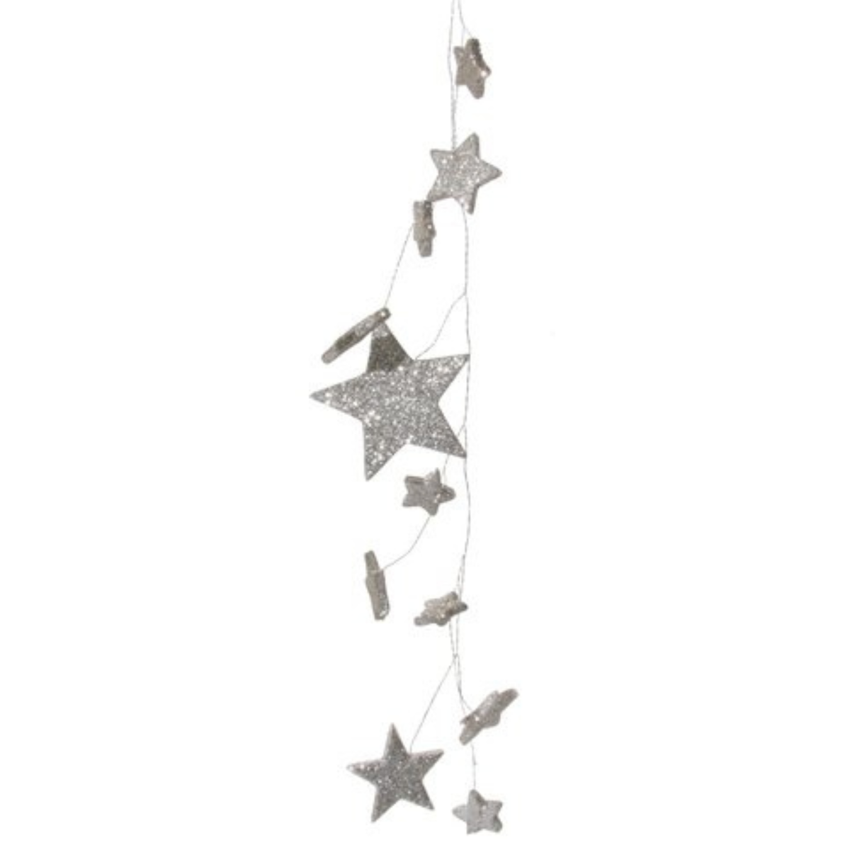 Ghirlandă din sârmă cu sclipici, stele mixte, argintie, 180 cm
