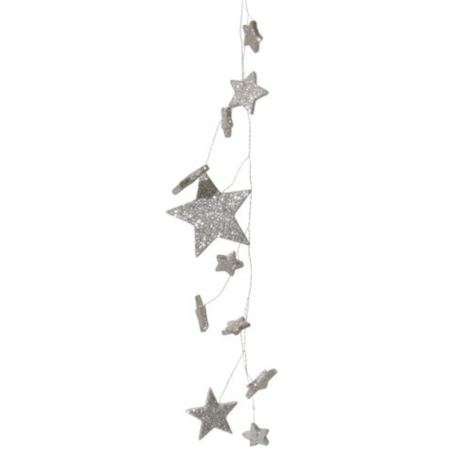 Ghirlandă din sârmă cu sclipici, stele mixte, argintie, 180 cm