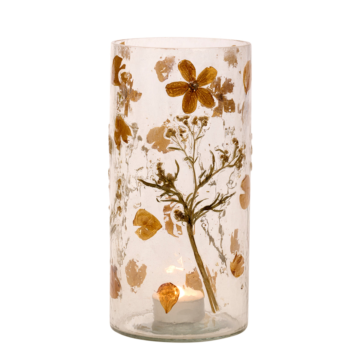 Suport cilindric din sticlă pentru lumânare votivă cu flori uscate, transparent/crem, 21 cm