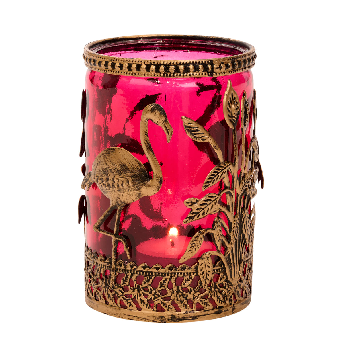 Suport cilindric pentru lumânare votivă cu flamingo, din sticlă și metal, roz aprins, 13 cm