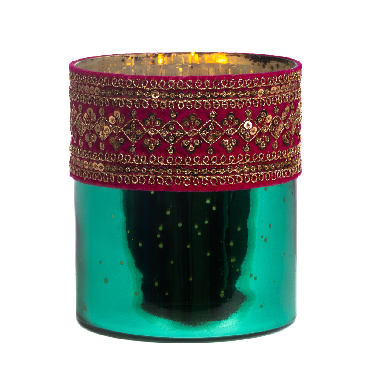 Suport cilindric pentru lumânare votivă din sticlă cu bordură cu paiete, verde/roz, 15 cm