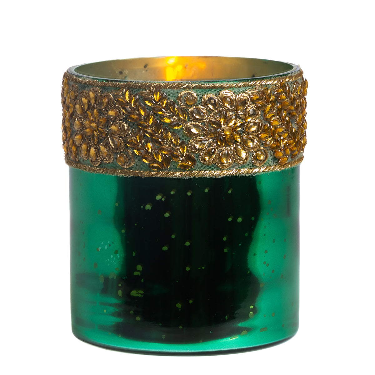 Suport cilindric pentru lumânare votivă din sticlă cu bordură cu pietre, verde/auriu, 15 cm
