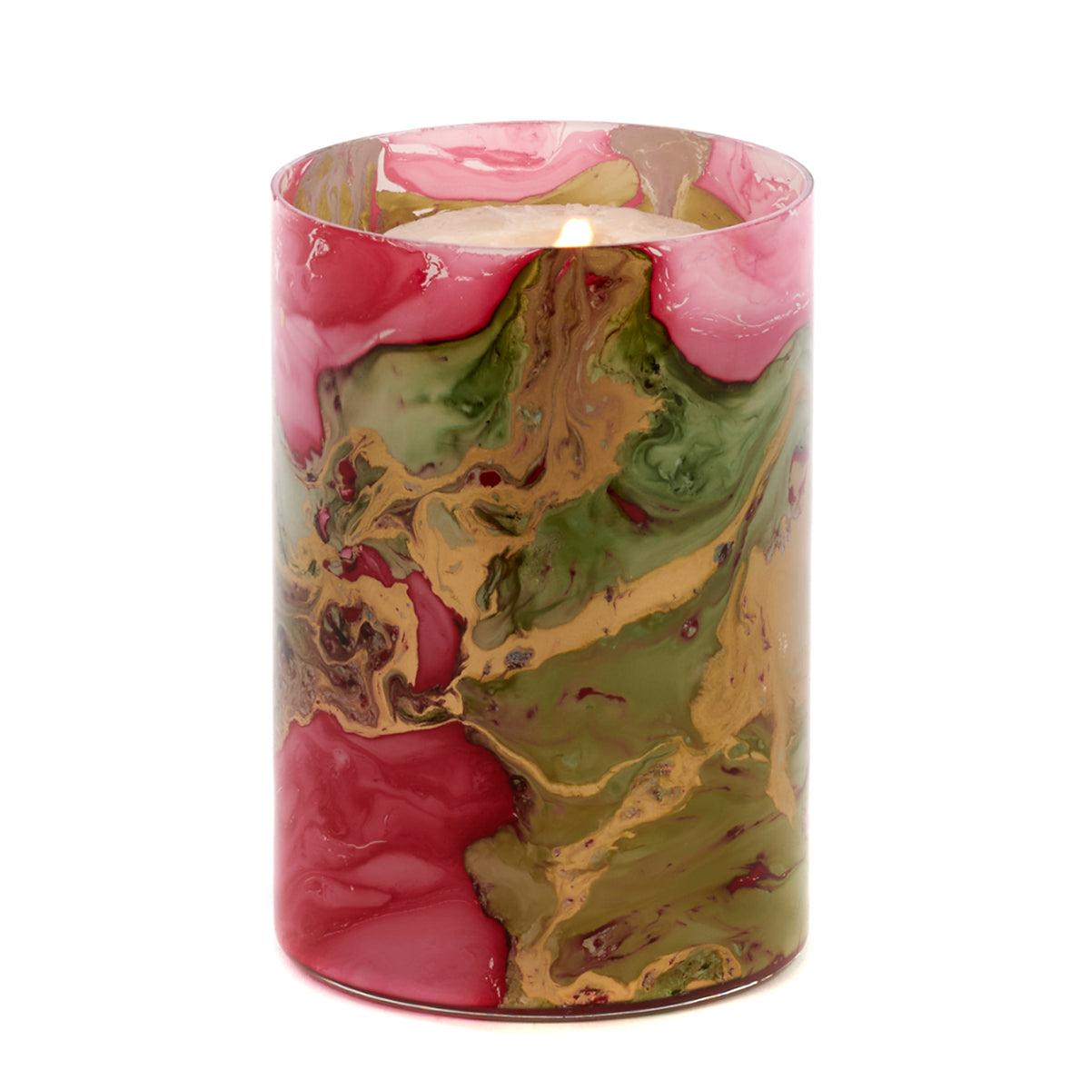 Suport cilindric pentru lumânare votivă din sticlă cu efect de marmură, roz/verde/auriu, 15 cm