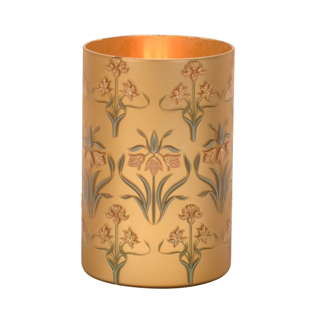 Suport cilindric pentru lumânare votivă din sticlă, cu motiv floral Art Nouveau, auriu/verde, 15 cm