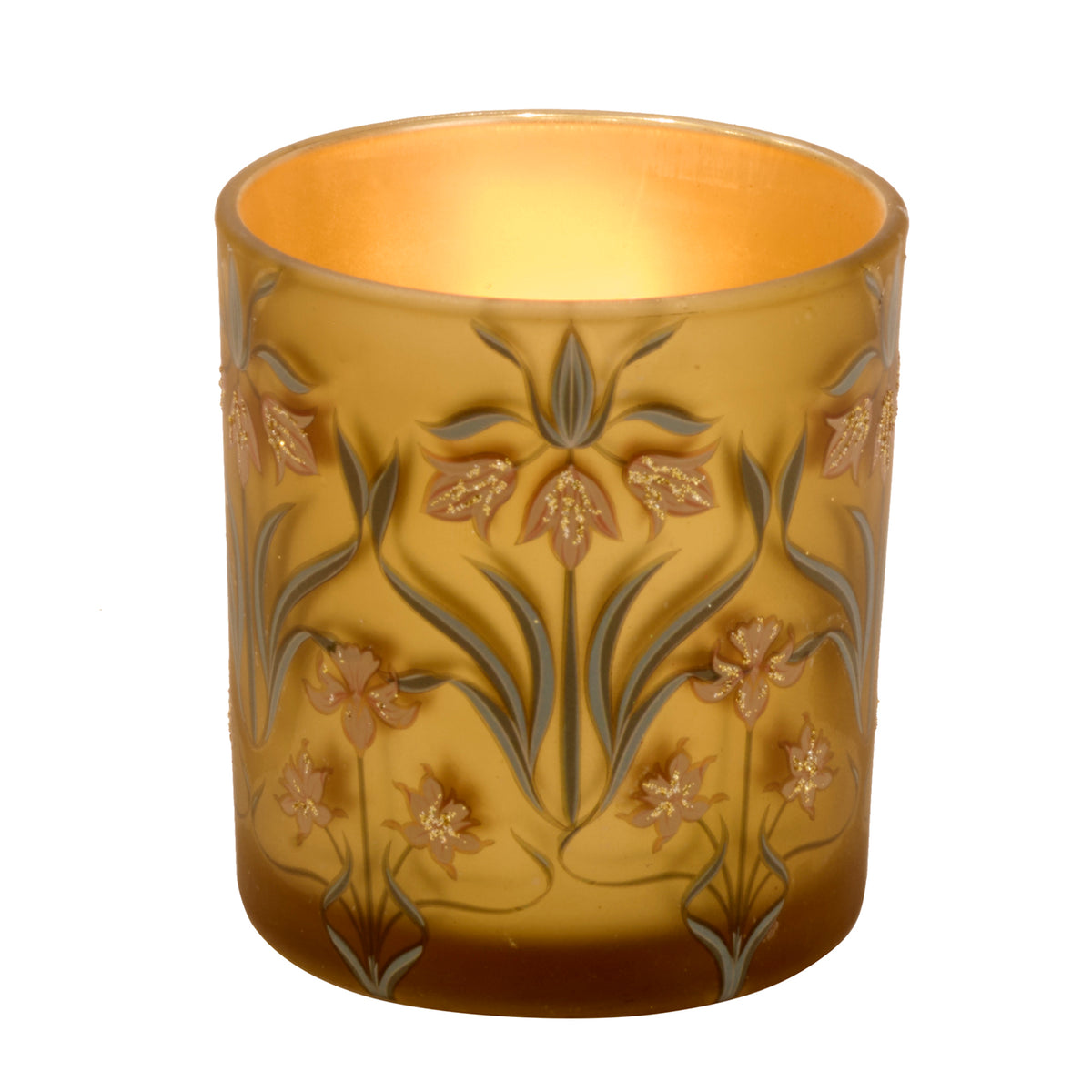 Suport cilindric pentru lumânare votivă din sticlă, cu motiv floral Art Nouveau, auriu/verde, 9 cm