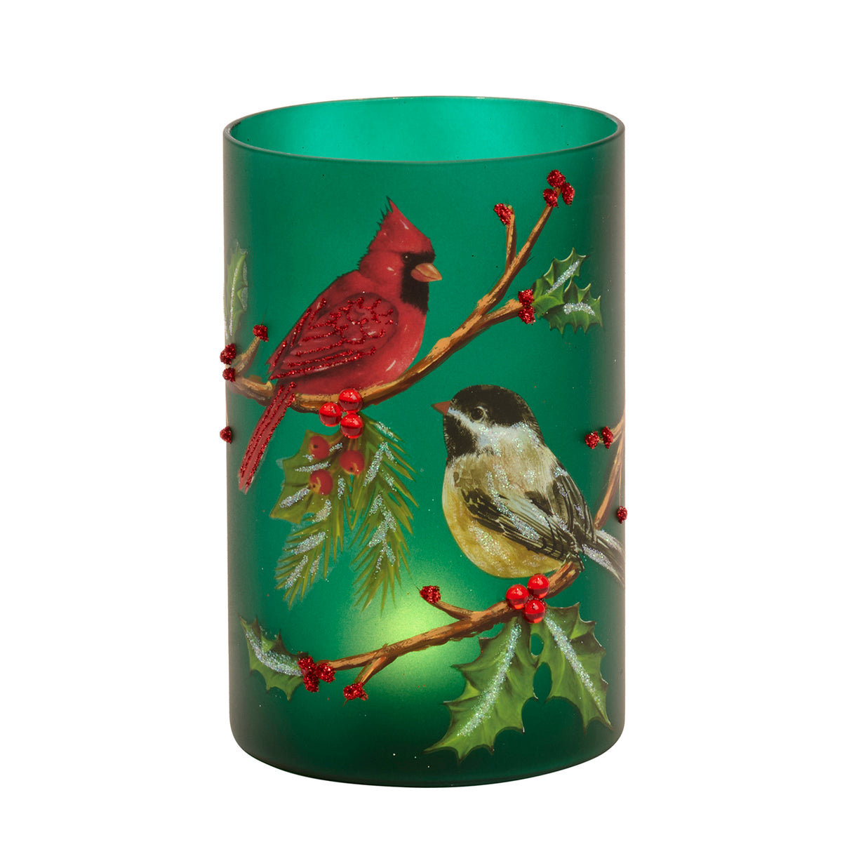 Suport cilindric pentru lumânare votivă din sticlă, cu pasăre cardinal, verde/roșu, 15 cm