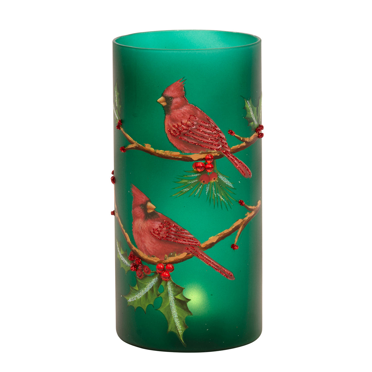 Suport cilindric pentru lumânare votivă din sticlă, cu pasăre cardinal, verde/roșu, 20 cm