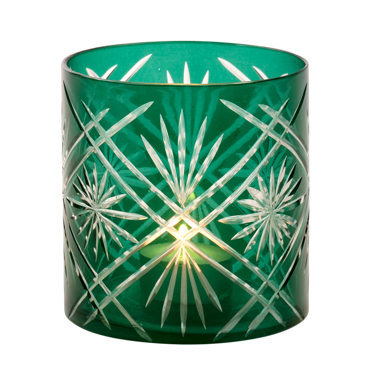 Suport cilindric pentru lumânare votivă din sticlă gravată cu stele radiante, verde/transparent, 10 cm