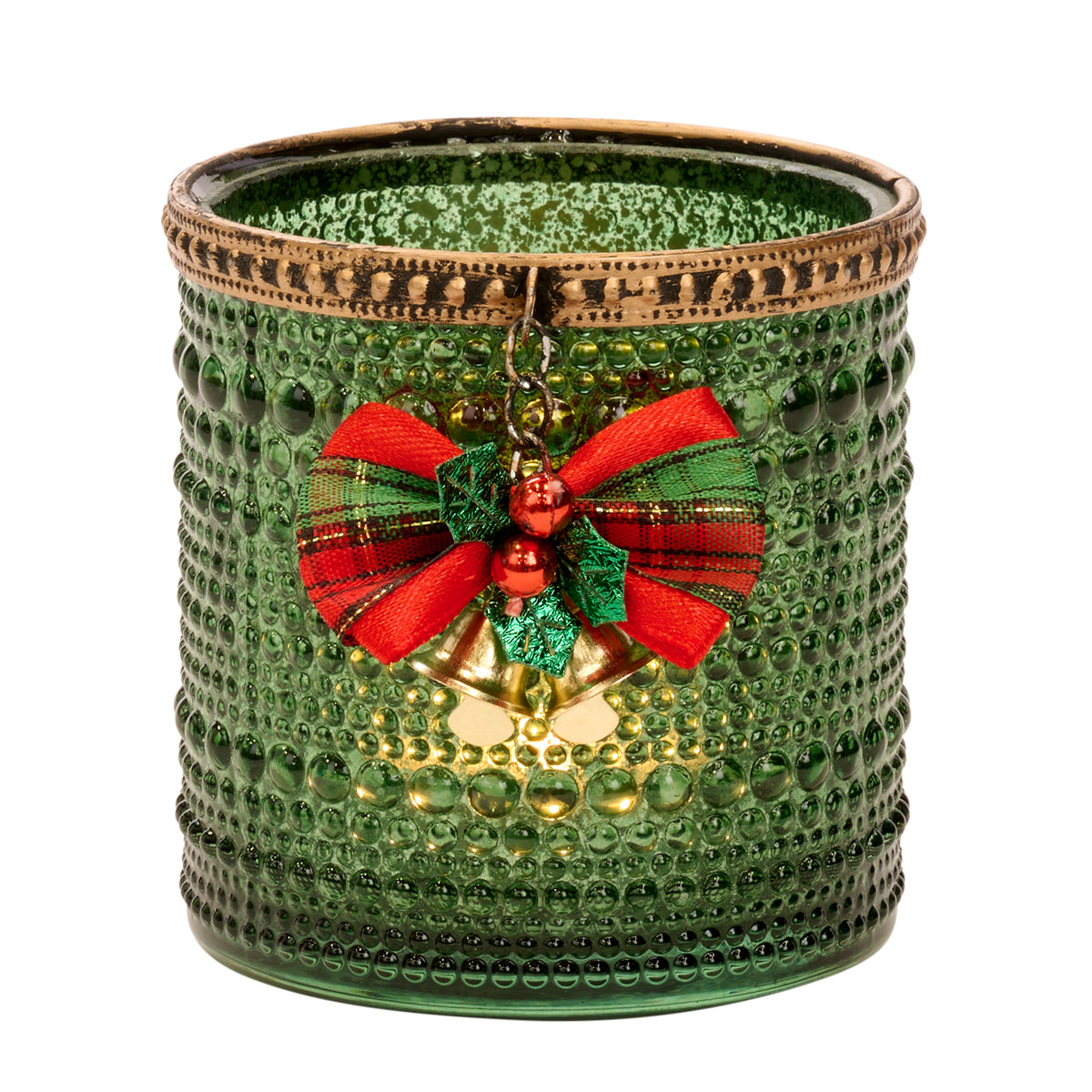 Suport cilindric pentru lumânare votivă din sticlă și metal, cu clopoței de Crăciun, verde, 10,5 cm