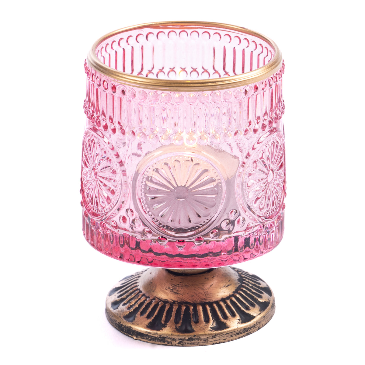 Suport cilindric pentru lumânare votivă din sticlă și metal, pe picior, roz/auriu, 10,5 cm