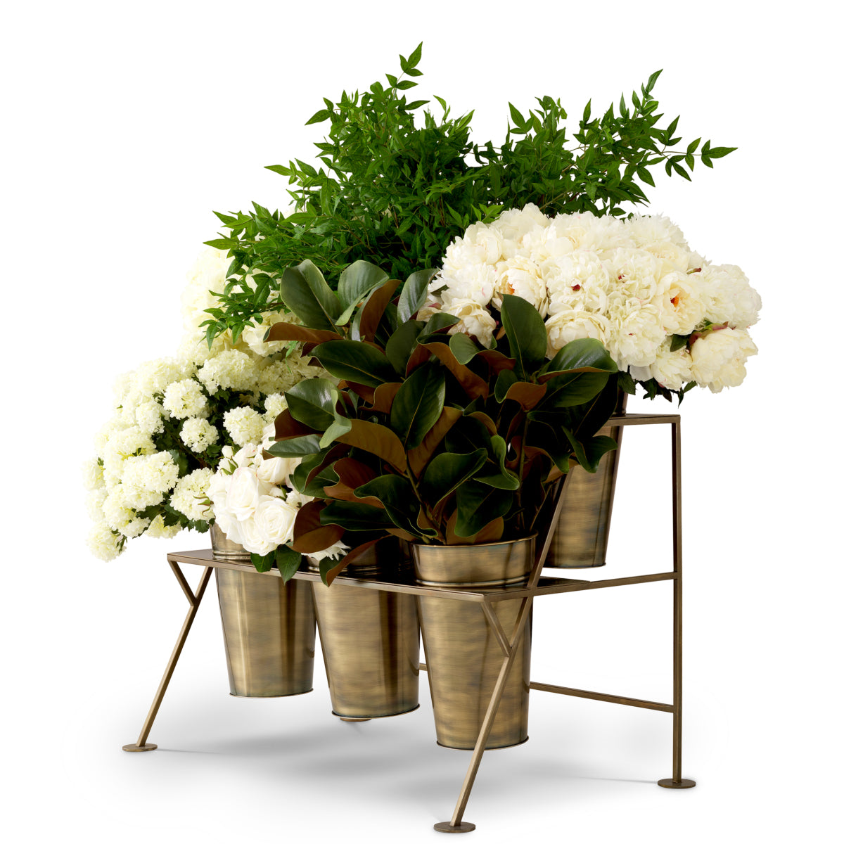 Suport de expunere Maison des Fleurs, finisaj alamă vintage, cu 6 găleți