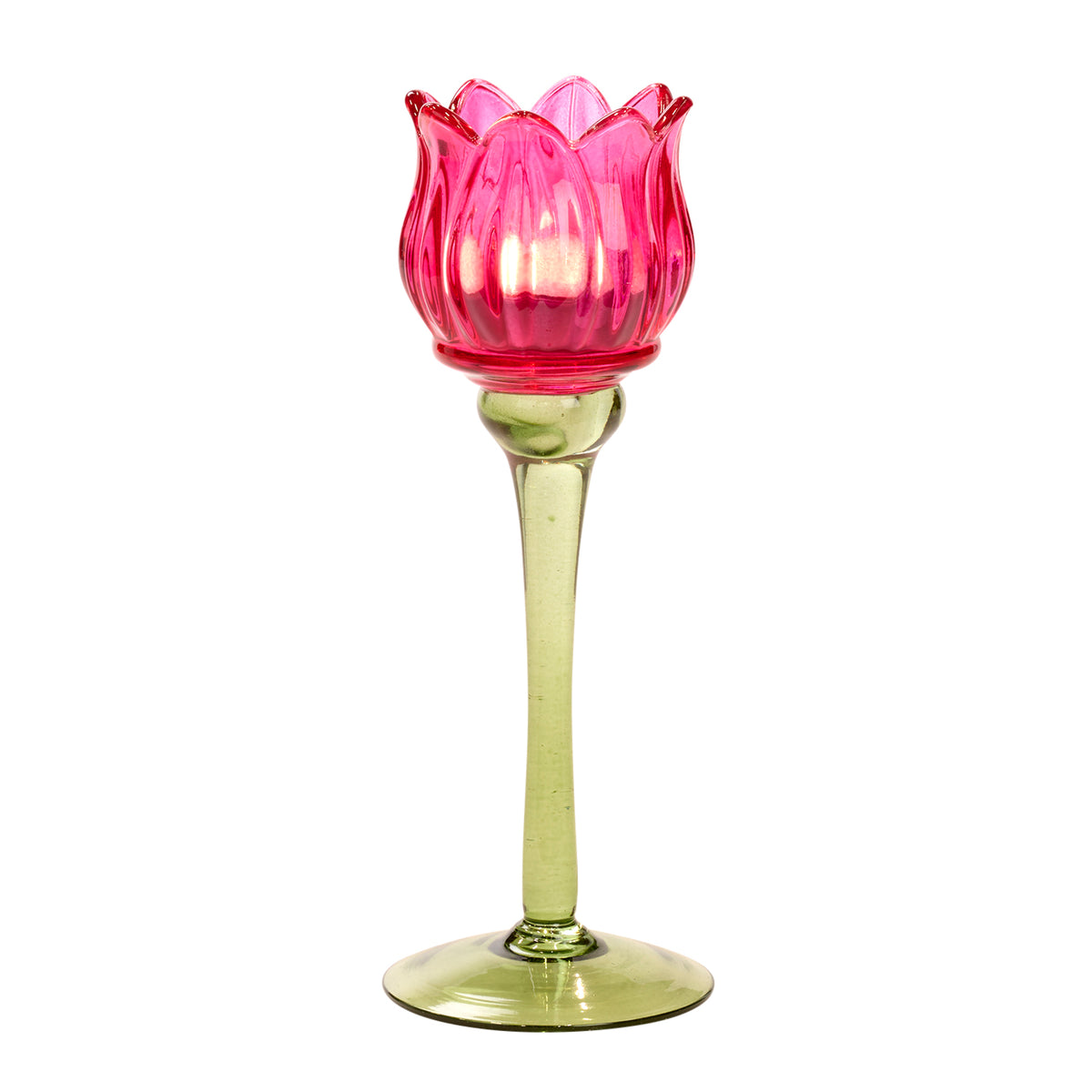 Suport din sticlă pentru lumânare votivă cu floare, roz aprins/verde, 22 cm
