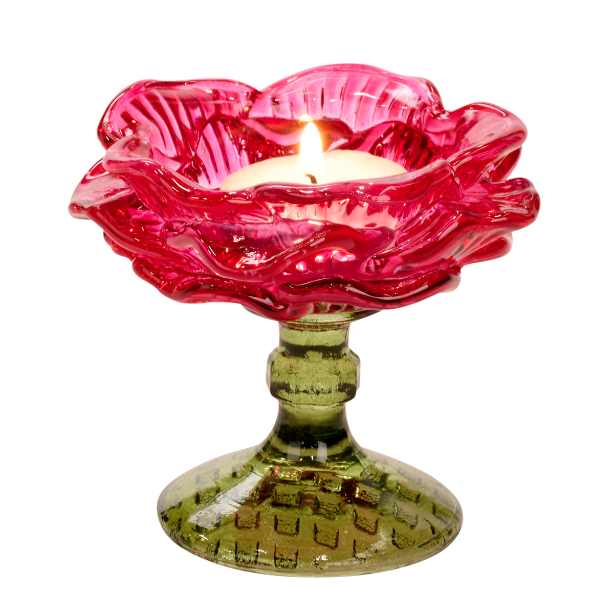 Suport din sticlă pentru lumânare votivă cu floare, roz aprins/verde, 9,5 cm