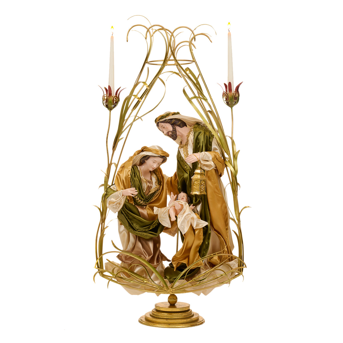 Suport mare pentru lumânare cu Sfânta Familie, din textil și metal, auriu/verde, 115 cm
