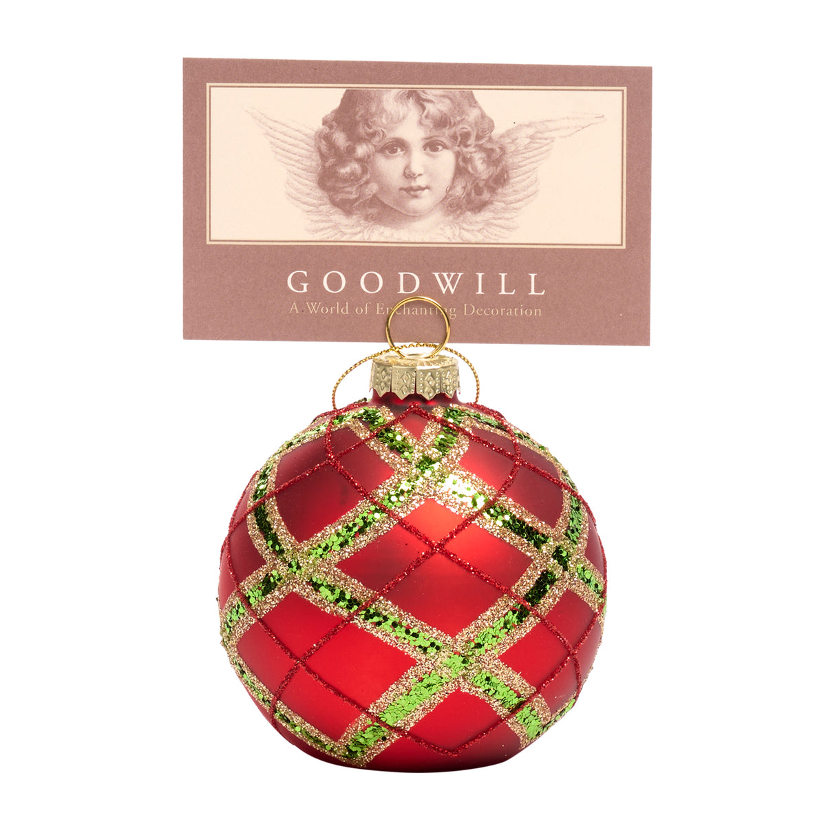 Suport pentru felicitări în formă de glob din sticlă cu sclipici și model tartan, roșu/verde, 8 cm