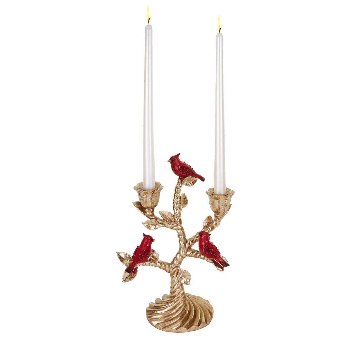 Suport pentru lumânare cu păsări cardinal, auriu/roșu, 30 cm