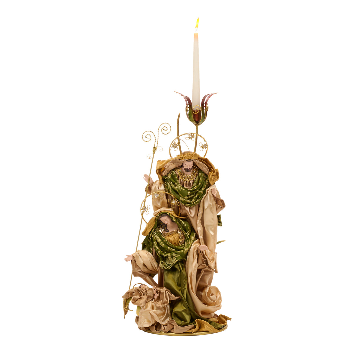 Suport pentru lumânare cu Sfânta Familie, din textil și metal, auriu/verde, 62 cm