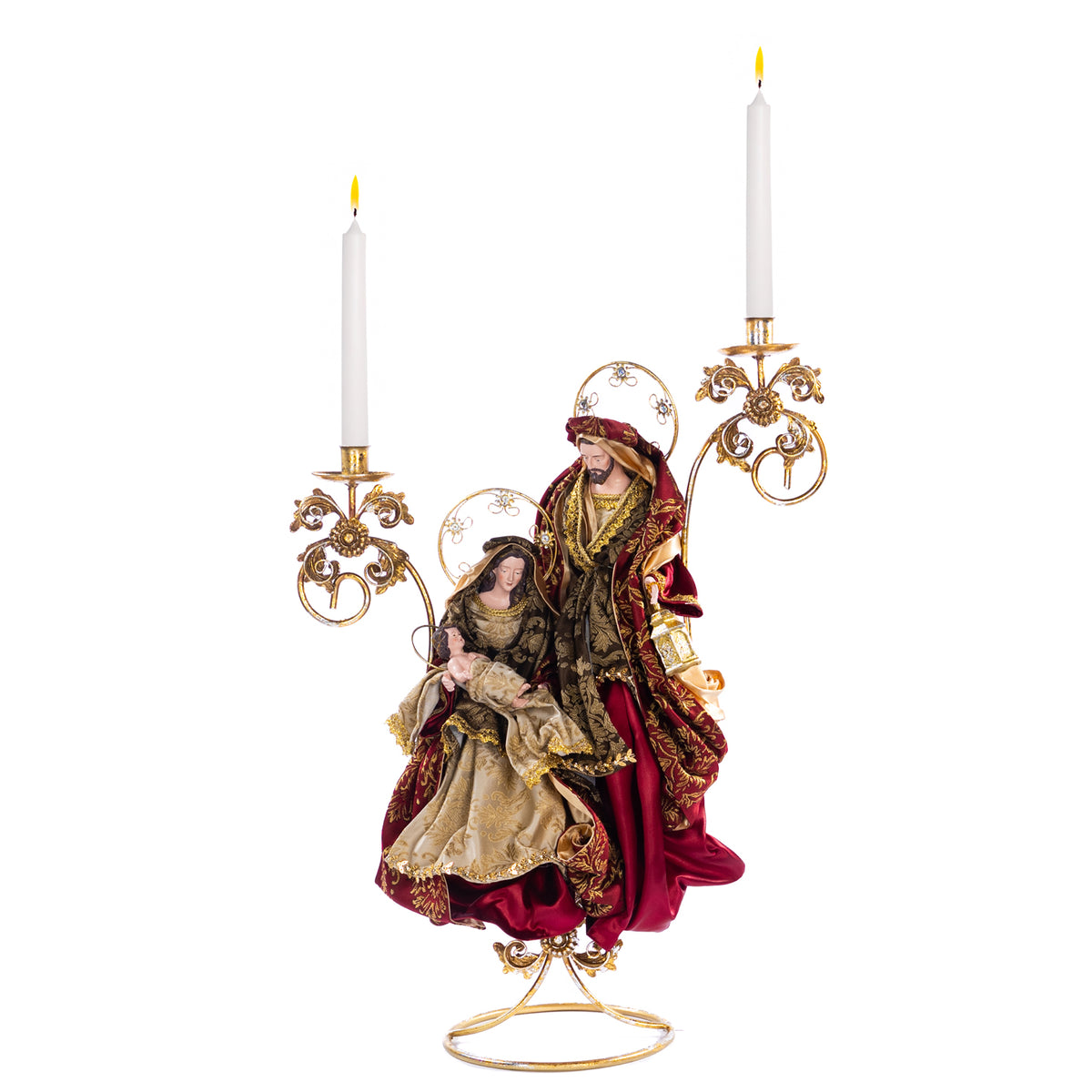 Suport pentru lumânare cu Sfânta Familie, din textil și metal, burgund, 67 cm
