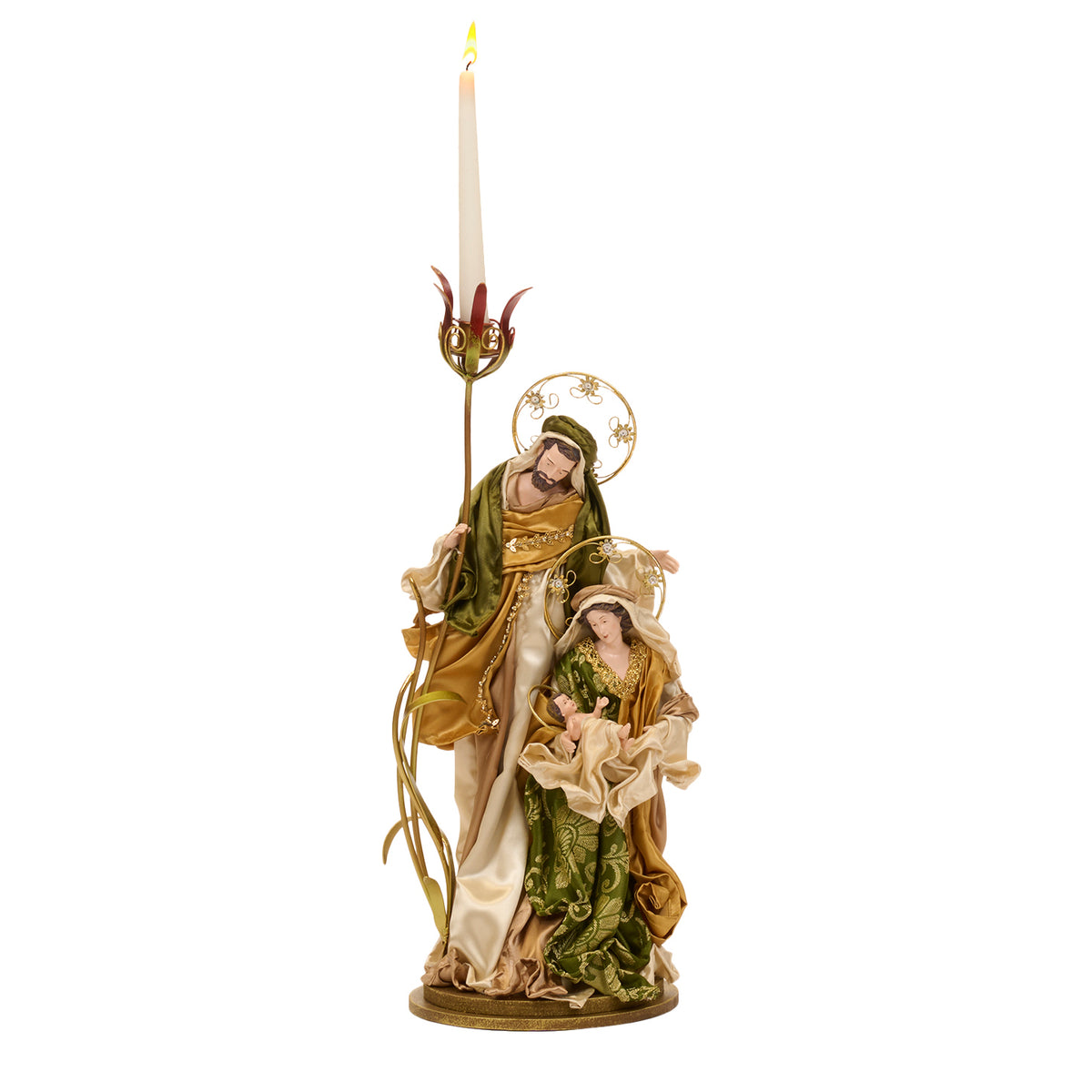 Suport pentru lumânare cu Sfânta Familie, din textil și metal, verde/auriu, 62 cm