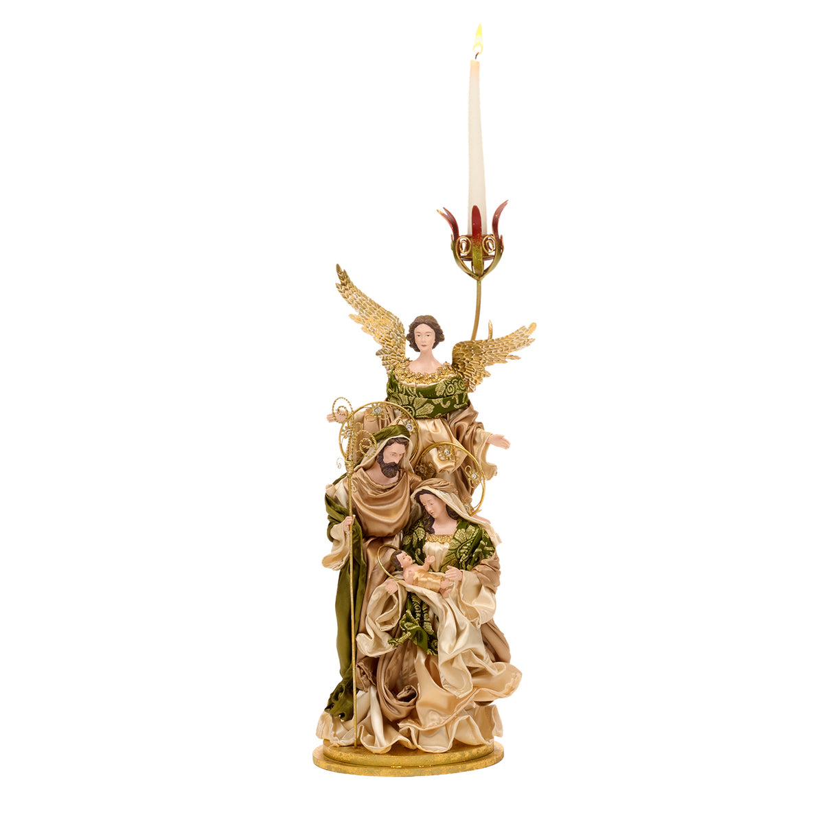 Suport pentru lumânare cu Sfânta Familie și înger, din textil și metal, verde, 65 cm