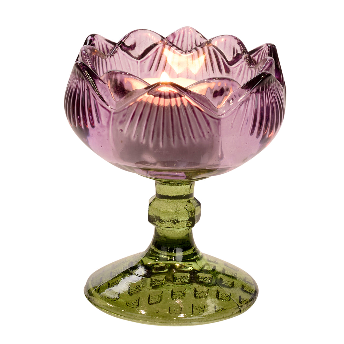 Suport pentru lumânare votivă din sticlă cu floare pe picior, mov/verde, 9 cm