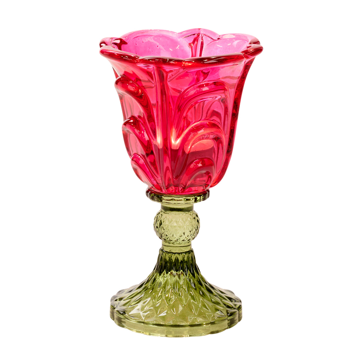 Suport pentru lumânare votivă din sticlă cu floare pe picior, roz aprins/verde, 17,5 cm