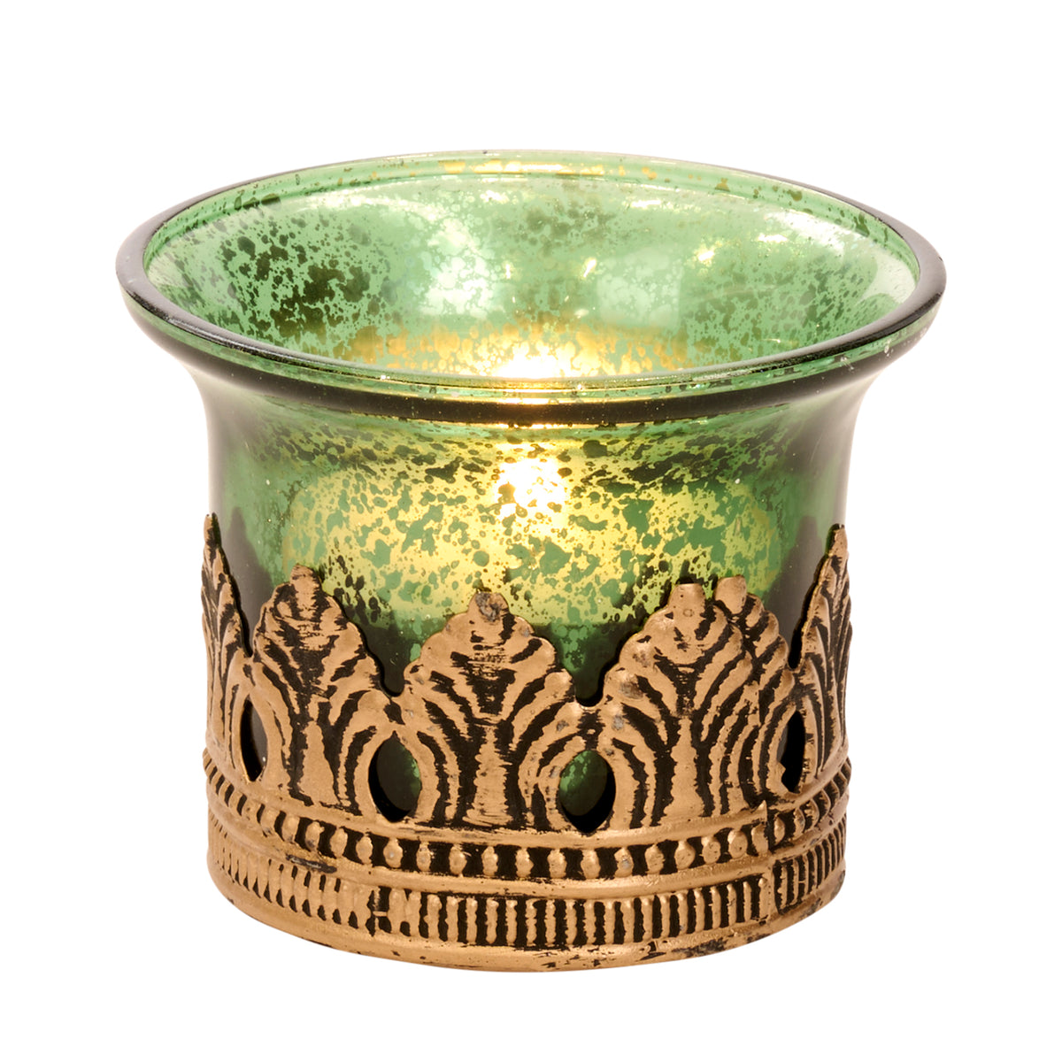 Suport pentru lumânare votivă din sticlă și metal, filigran, verde/auriu, 6,5 cm