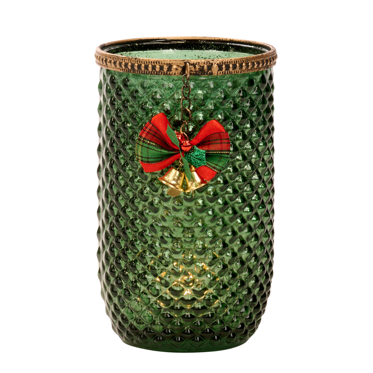 Suport pentru lumânare votivă din sticlă și metal texturat, cu clopoței de Crăciun, verde, 17 cm