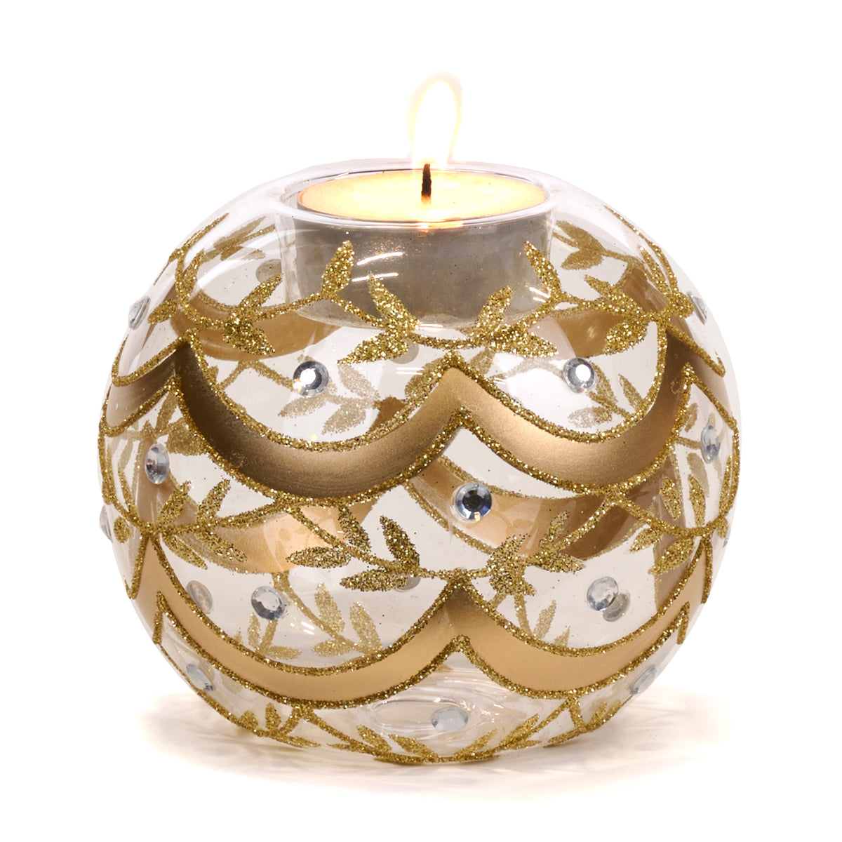 Suport pentru lumânare votivă în formă de glob, din sticlă cu pietre, transparent/auriu, 10 cm
