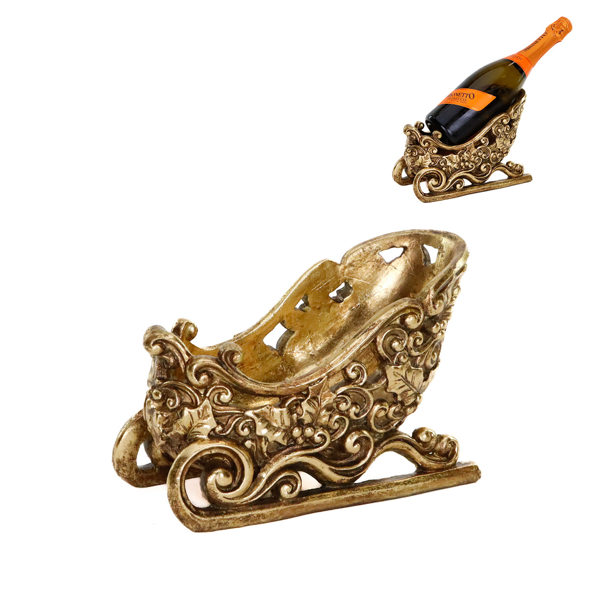Suport pentru sticlă de vin în formă de sanie de Crăciun, auriu, 24 cm