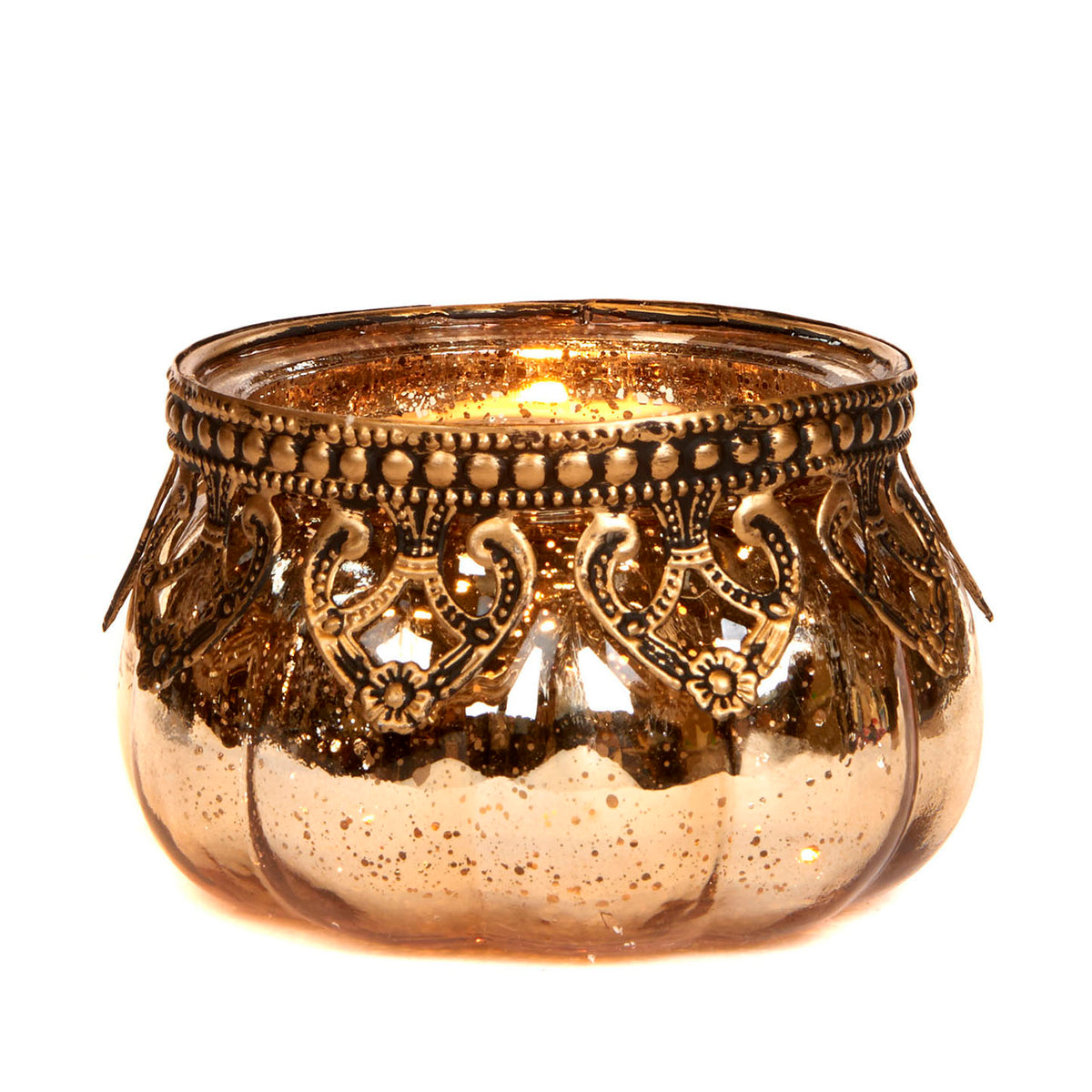 Suport rotund pentru lumânare votivă din sticlă și metal cu filigran, auriu, 9 cm