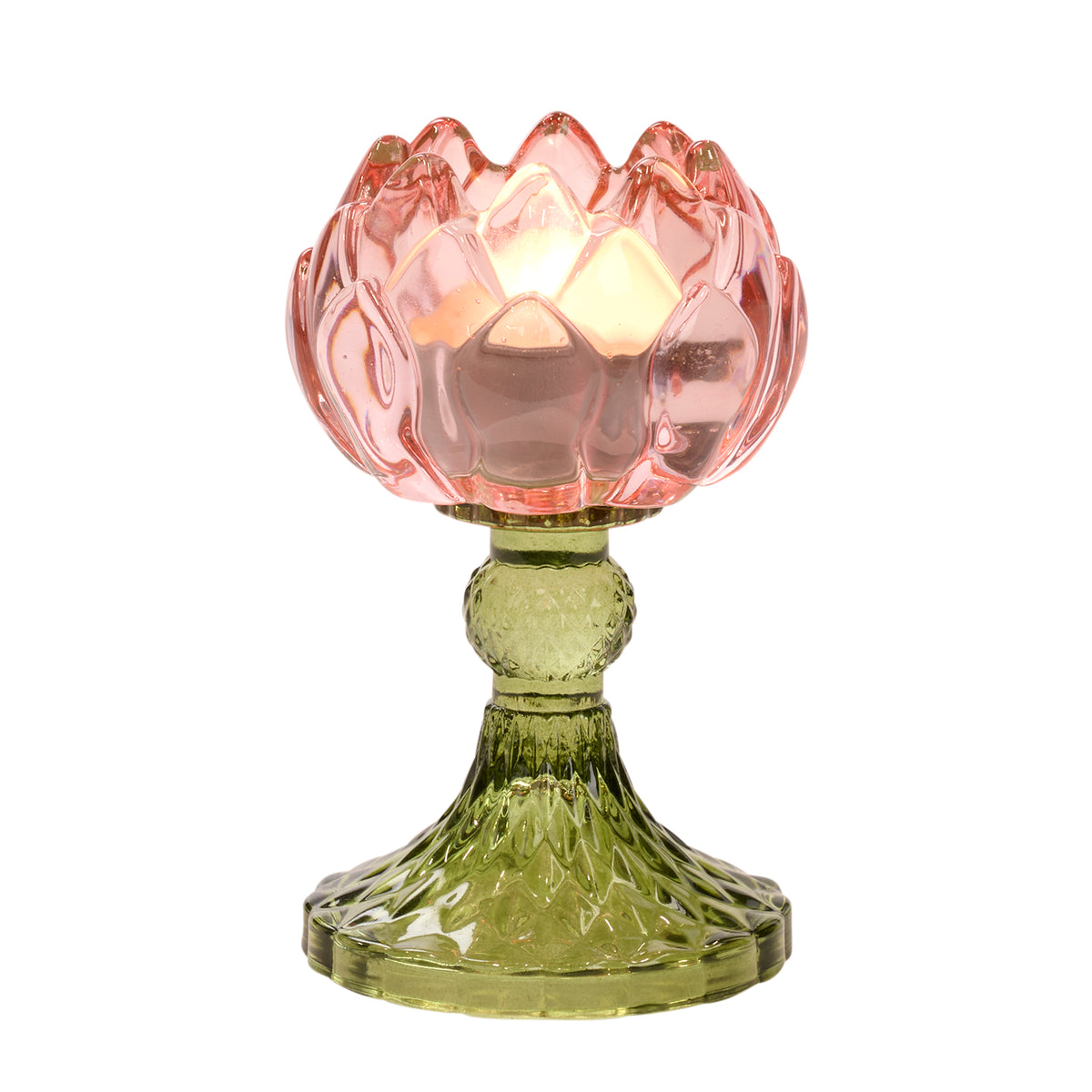 Suport votiv din sticlă în formă de floare pe picior, roz deschis/verde, 13,5 cm