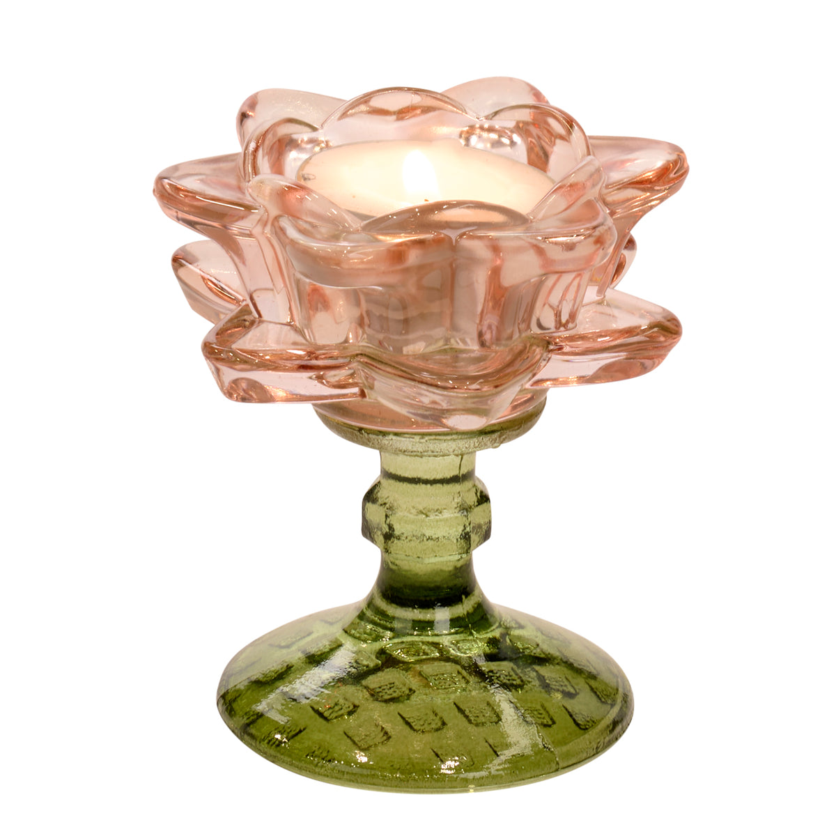 Suport votiv din sticlă în formă de floare pe picior, roz deschis/verde, 9 cm