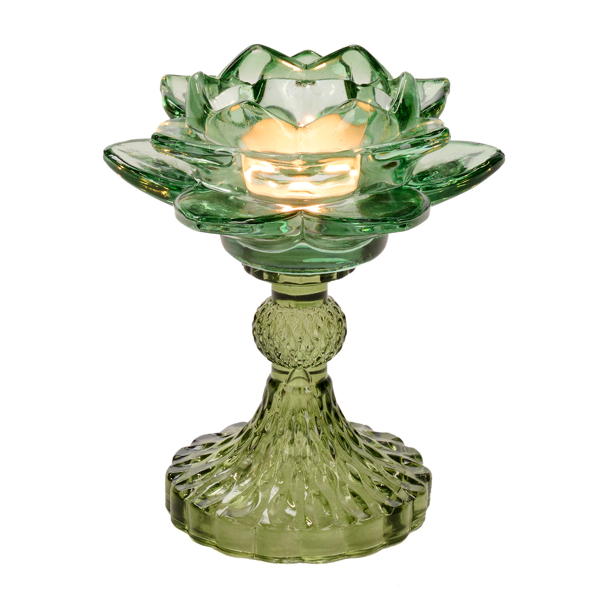 Suport votiv din sticlă în formă de floare pe picior, verde, 13,5 cm