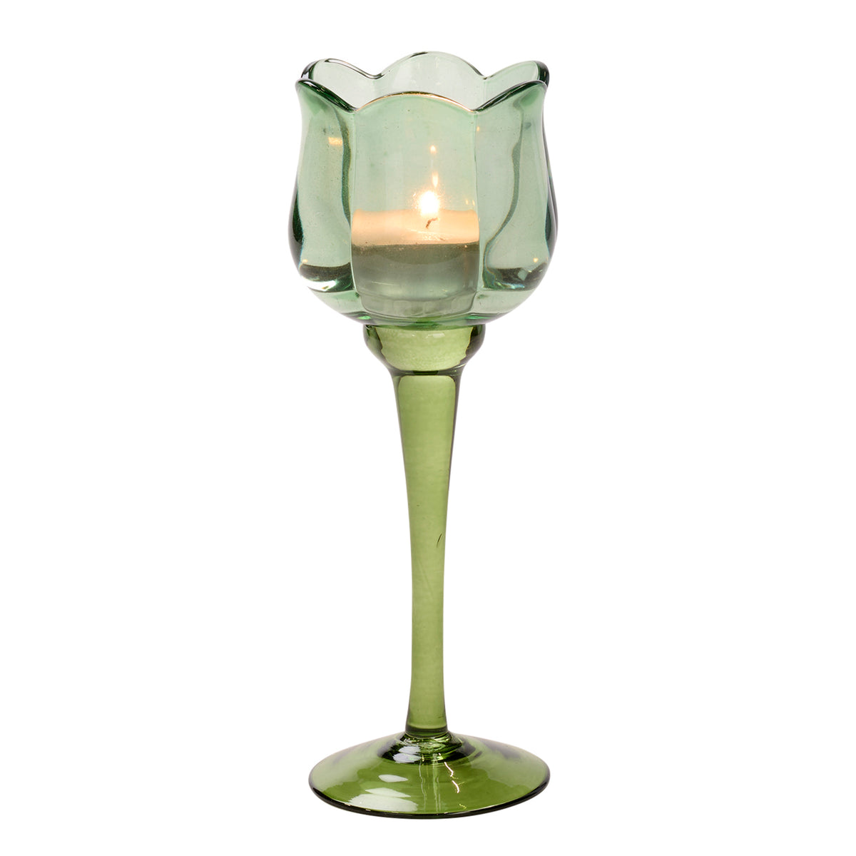 Suport votiv din sticlă în formă de floare pe picior, verde, 22,5 cm