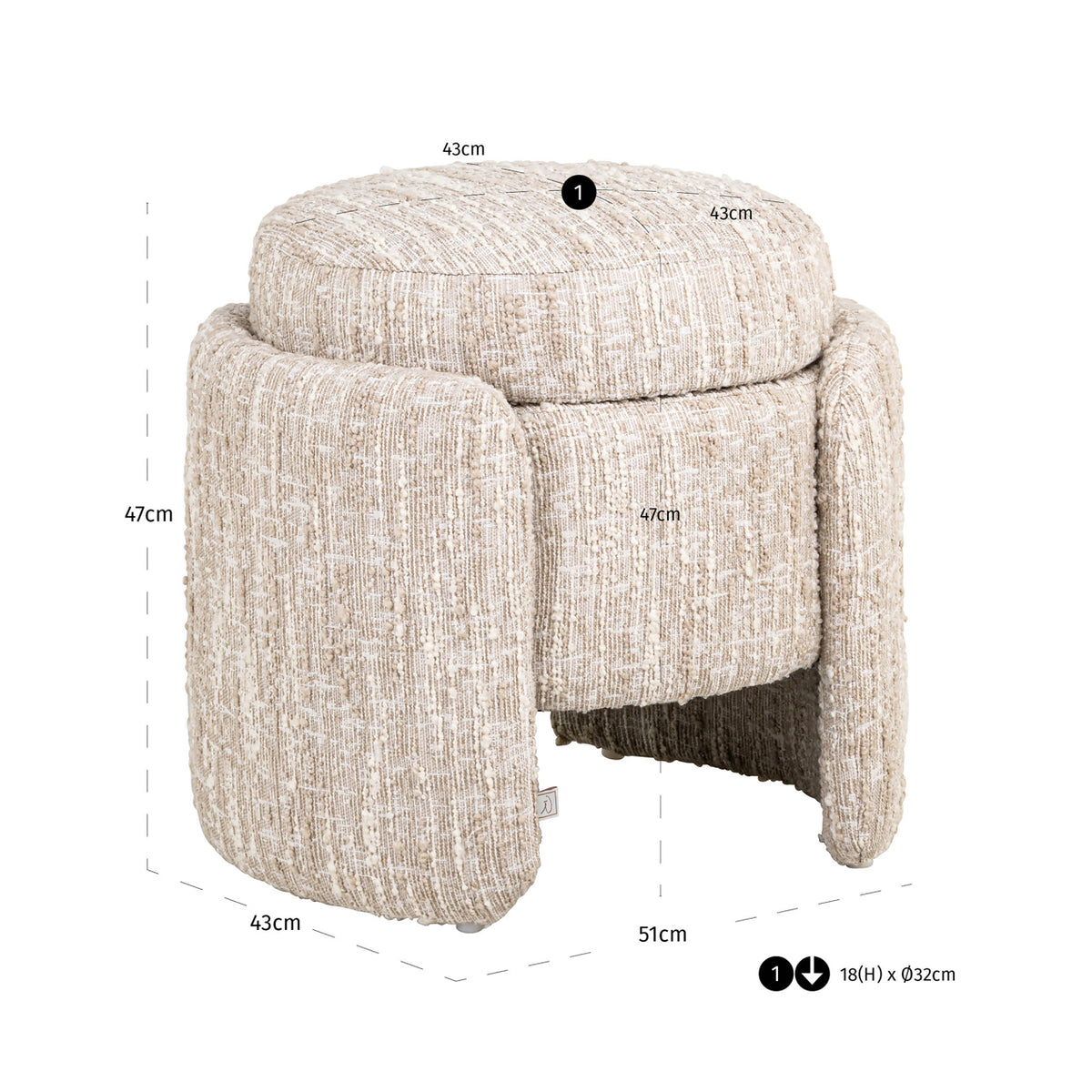 Taburet Cupid, angora bej, cu depozitare – desen tehnic cu dimensiuni