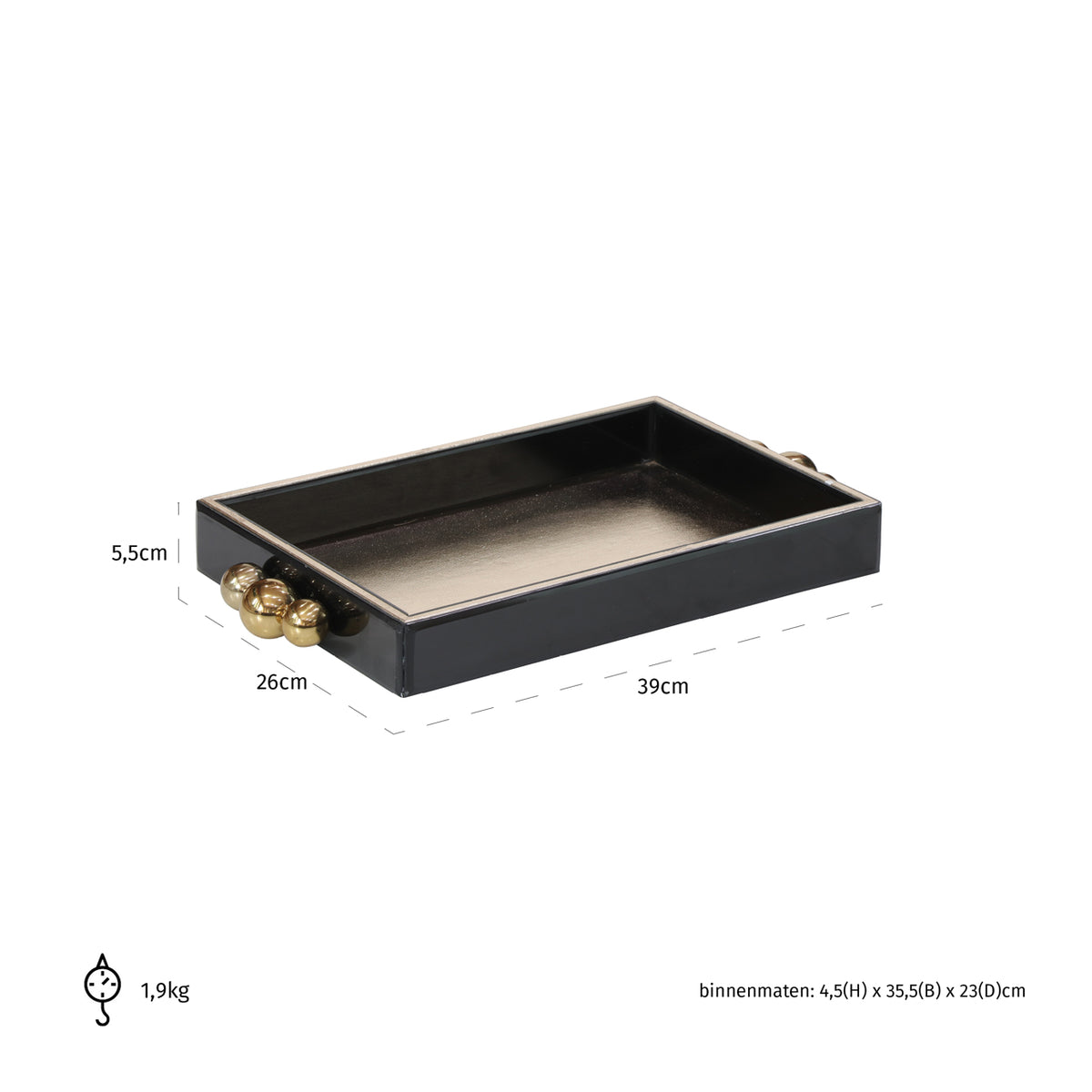 Tavă decorativă Liv, negru/auriu – desen tehnic cu dimensiuni