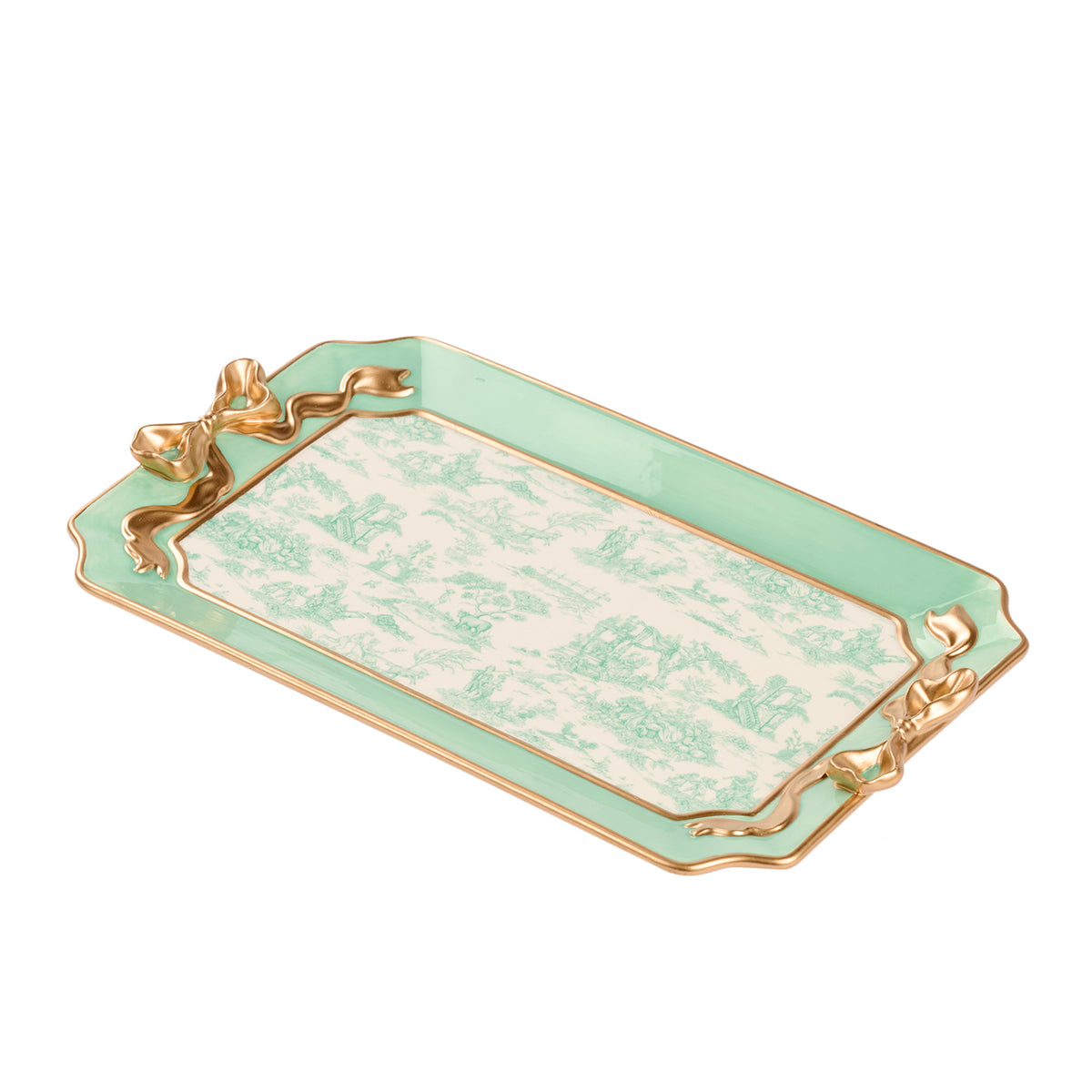 Tavă din dolomită cu funde și model toile, verde/alb, 26 cm