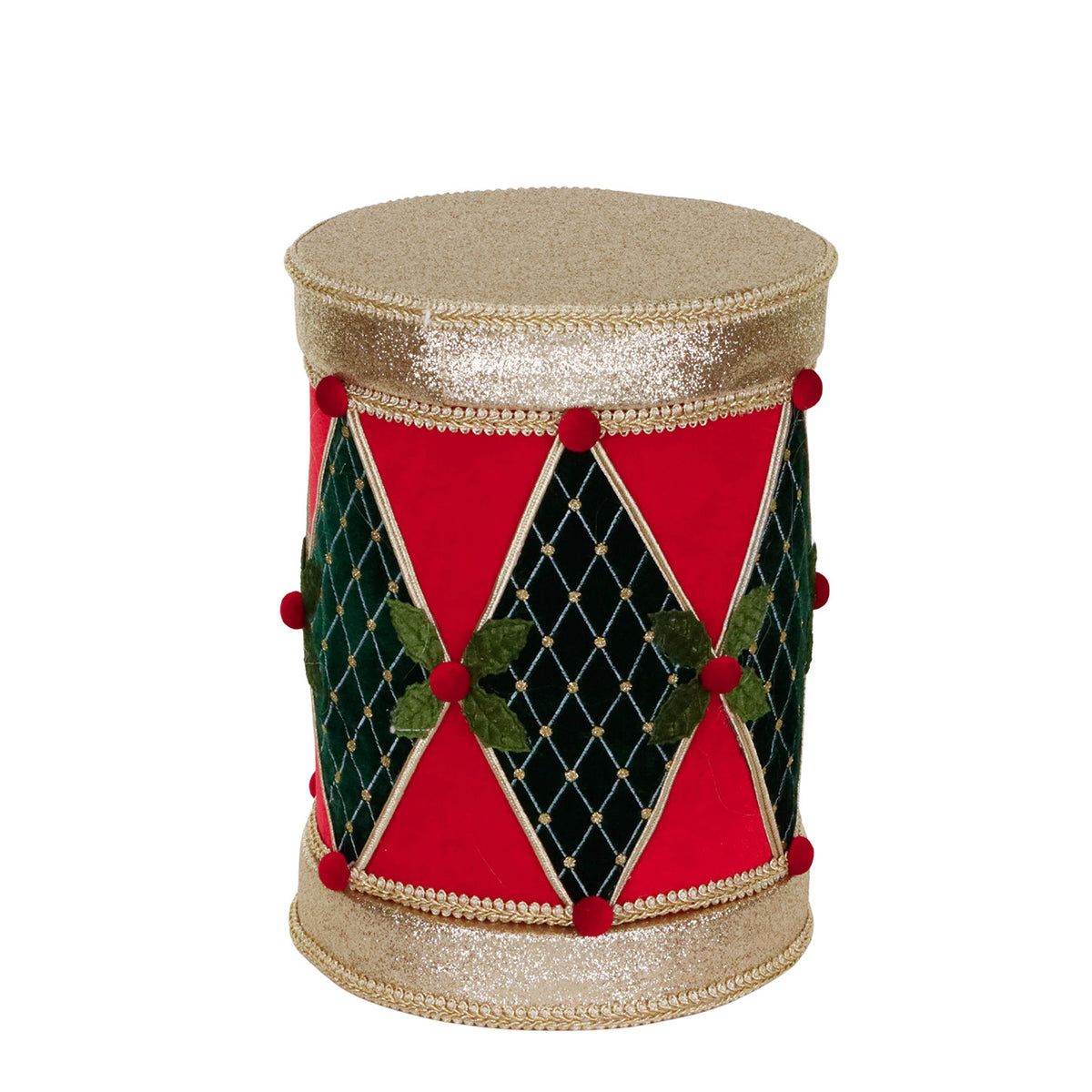 Tobă de Crăciun decorativă din textil, roșu/auriu/verde, 31 cm