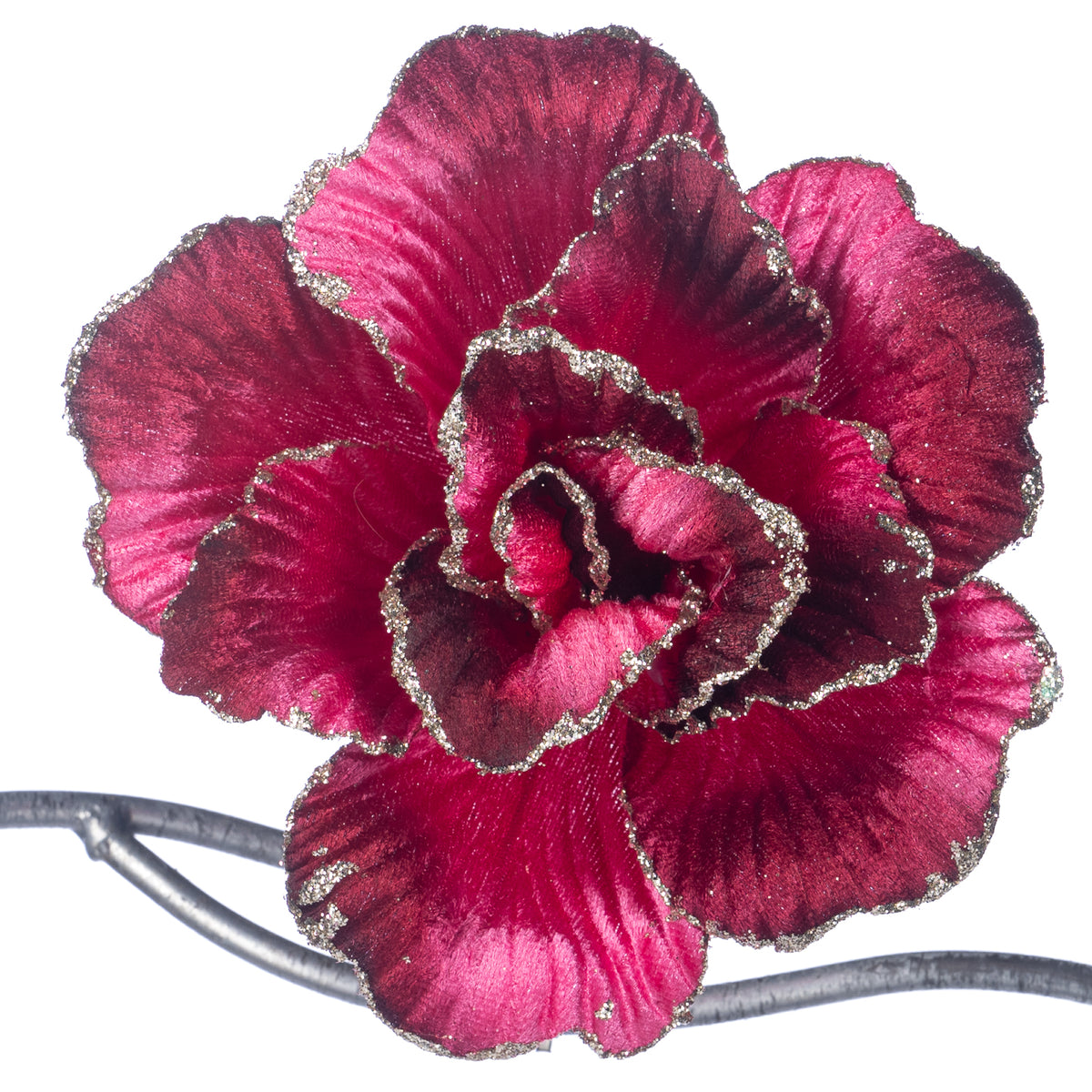Trandafir din textil cu sclipici pe clemă, roz aprins, 16 cm