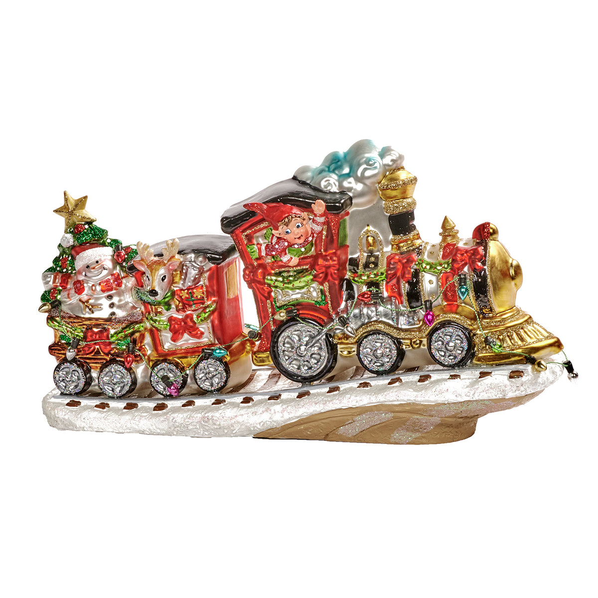 Tren de Crăciun din sticlă, roșu/negru/auriu, 24 cm