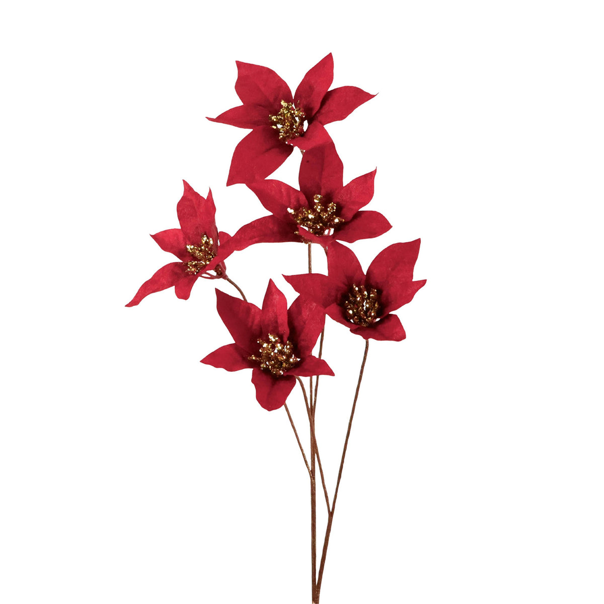 Tulpină cu 5 crăciunițe cu sclipici, roșu/auriu, 78 cm
